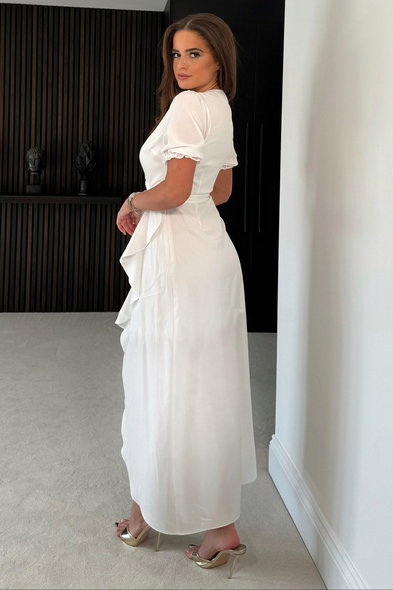 Leona Split Hem Frill Detail Cream Maxi Dress