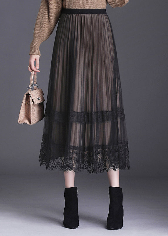 Black Lace Patchwork Pleated Wear on both sides Fall Skirt
