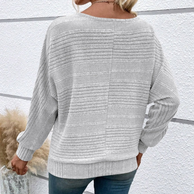 💜Solid Round-Neck Striped Top with Long Sleeves