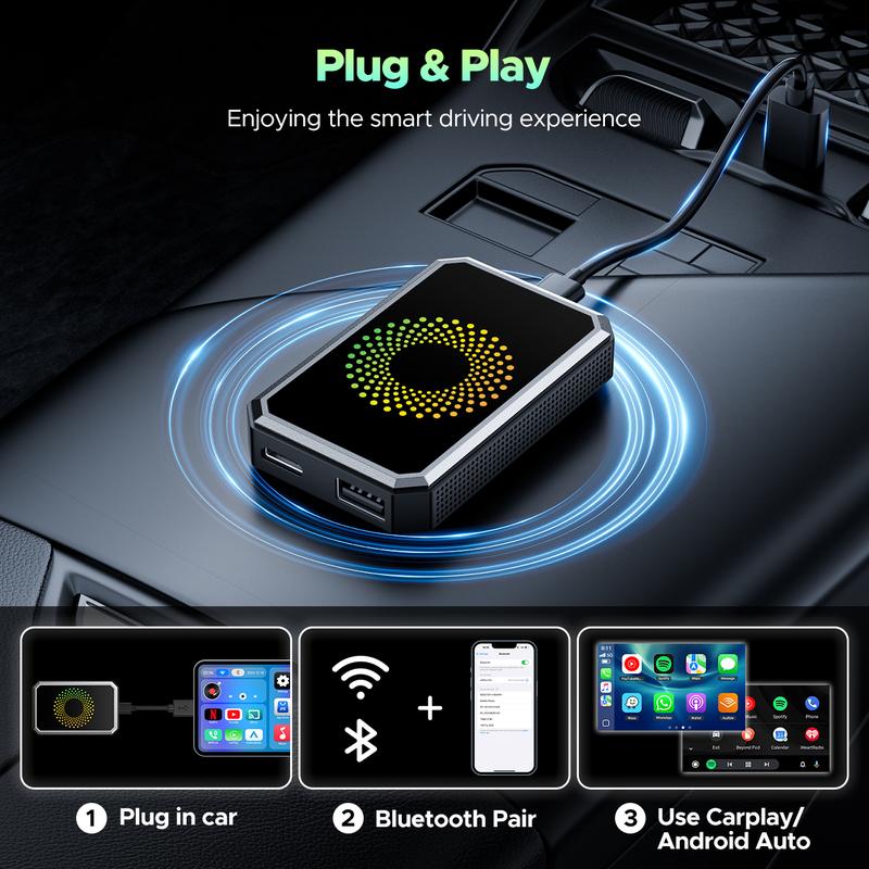  Wired to Wireless Carplay Adapter with Built-in Netflix/YouTube/TikTok APP to Play Video on a Car Screen (DO Not Support Vehicles with Built-in Wireless CarPlay), For iPhone 8-15 & Android 11+