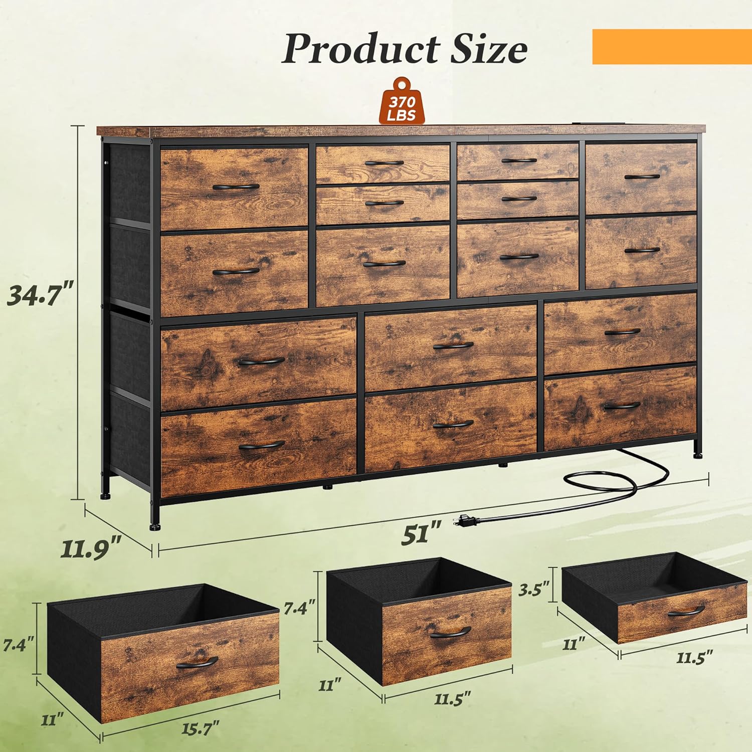 Dresser for Bedroom with 16 Fabric Drawers Long Dresser with Charging Station TV Stand for 60