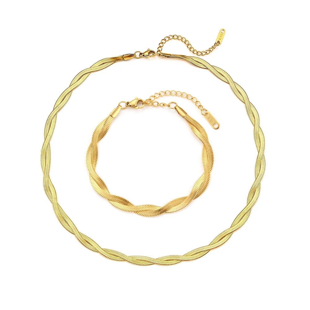 18k Interwoven Herringbone Chain Necklace and Bracelet Set