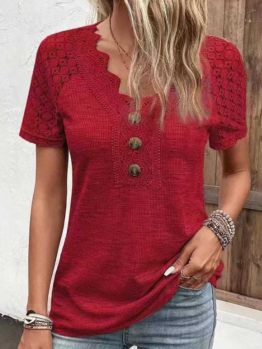 Comfortable Casual Lace Splicing V-Neck Pullover Top Women's T-Shirt