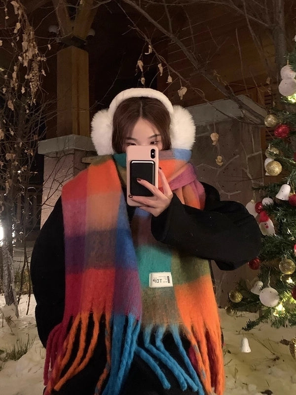High-value Rainbow Color-block Plaid Lined Thickened Scarf Women's Winter Mohair Plaid Cashmere Warm Shawl
