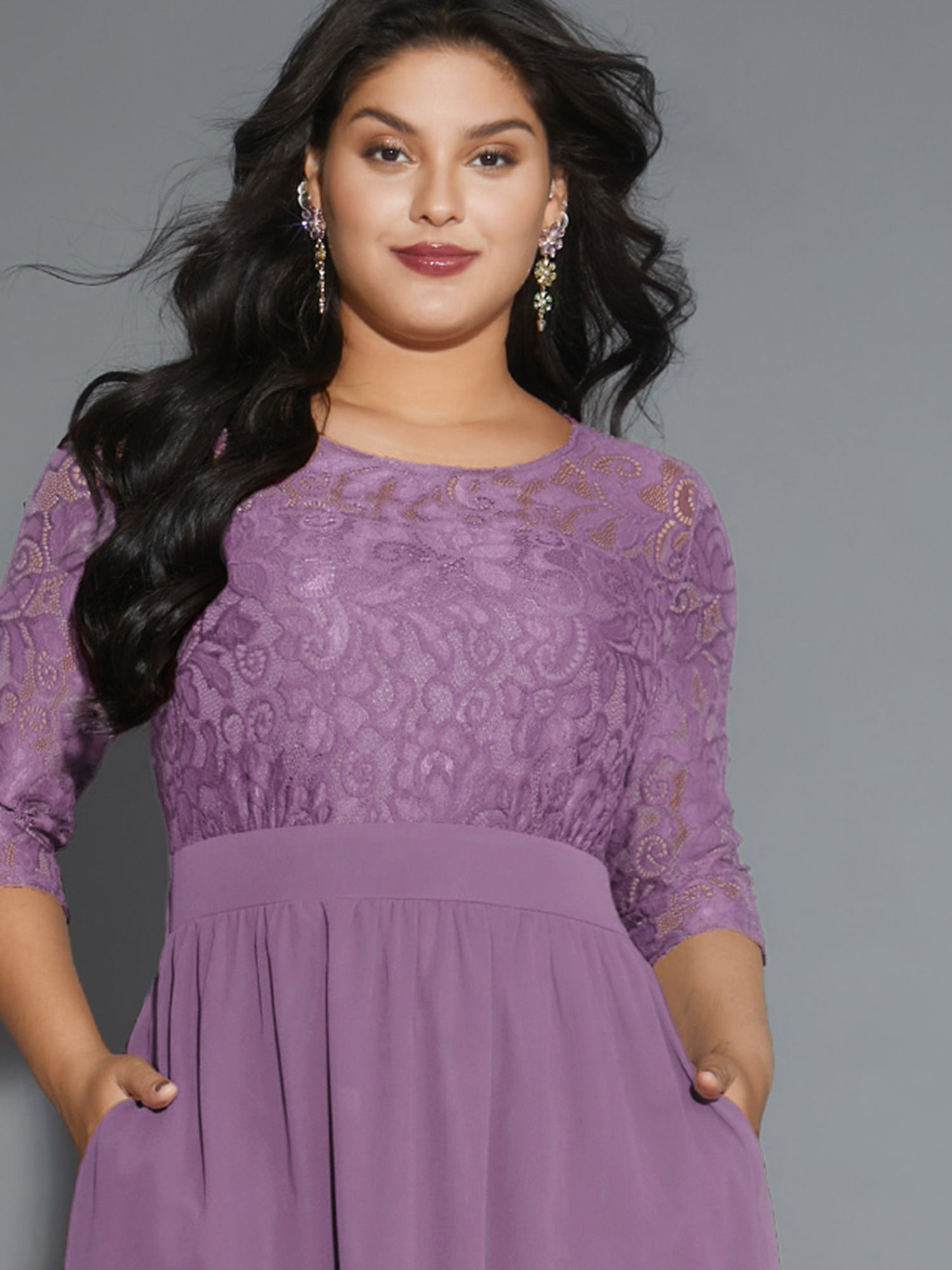 Lace Patchwork Shirred Midi Pocket Dress