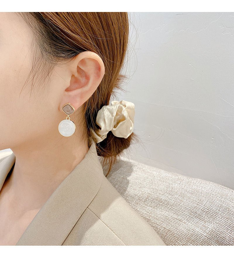 Korean Square Round Drop Earrings - Brown Color