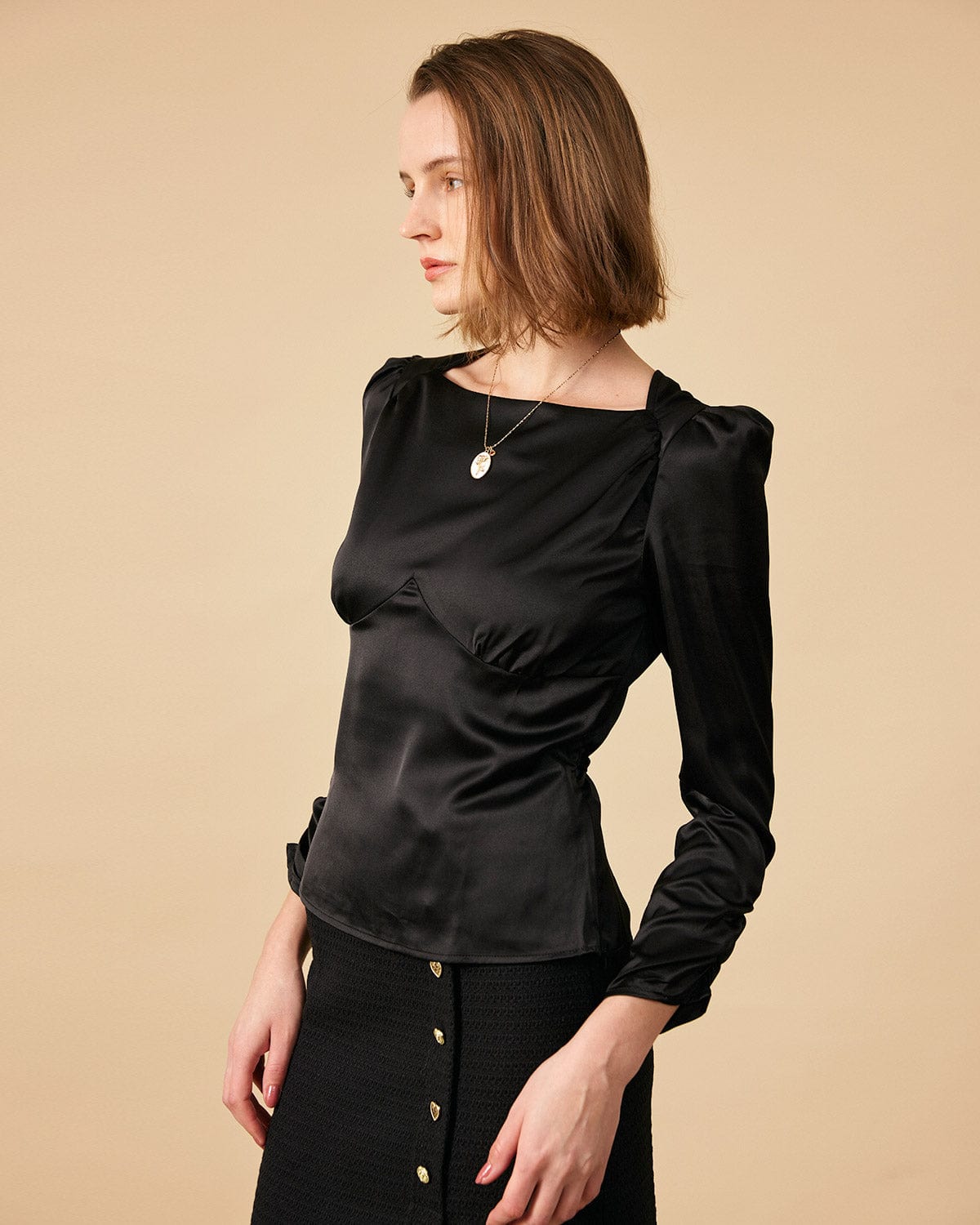 The Solid Puff Sleeve Tie-back Satin Blouse