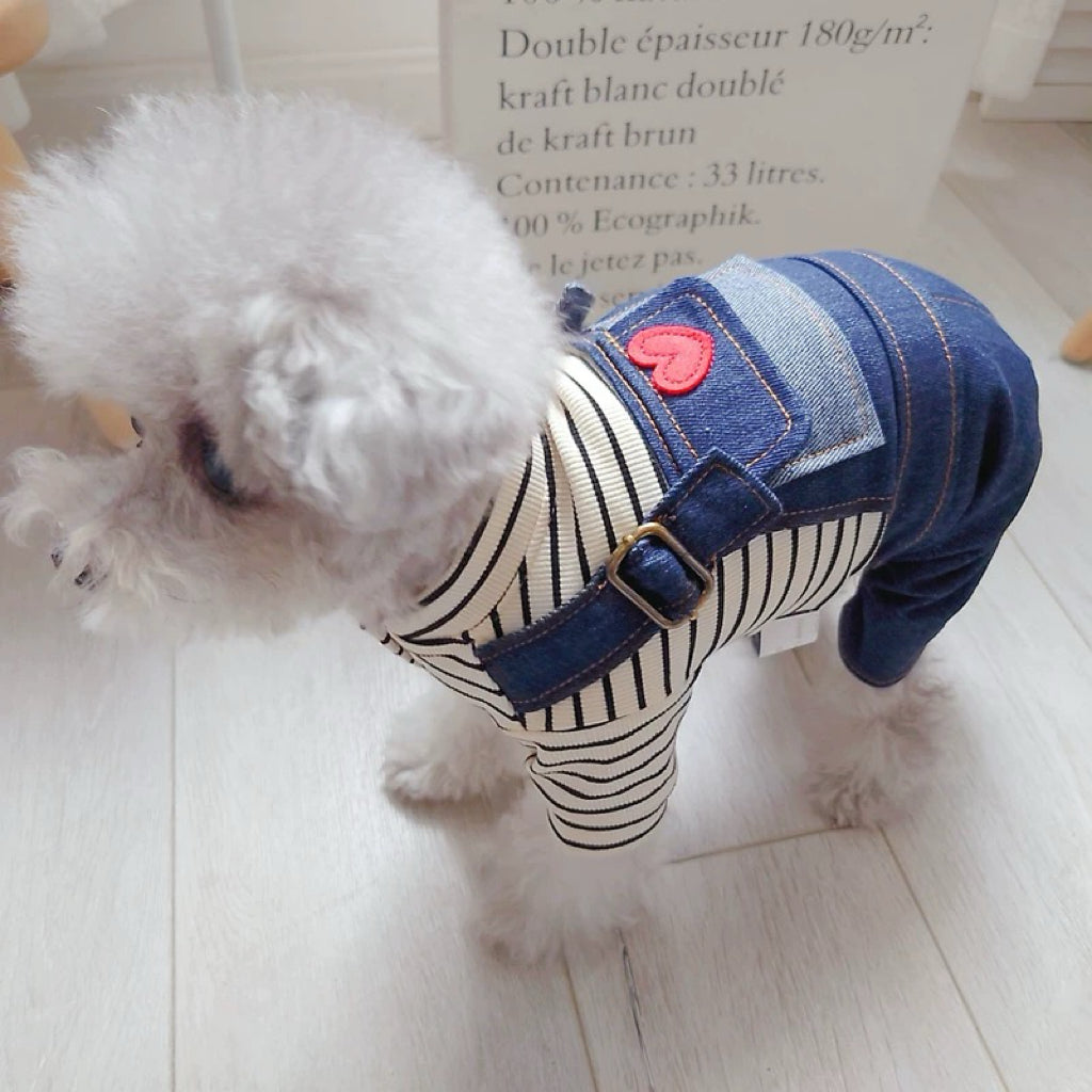 Striped Heart Pattern Denim Dog Jumpsuits