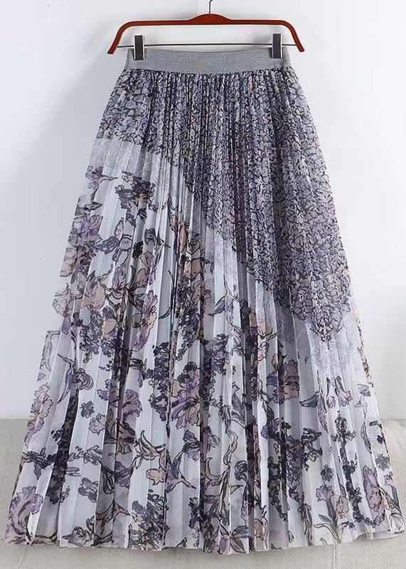 Light Purple Print Elastic Waist Tulle Skirts Spring
