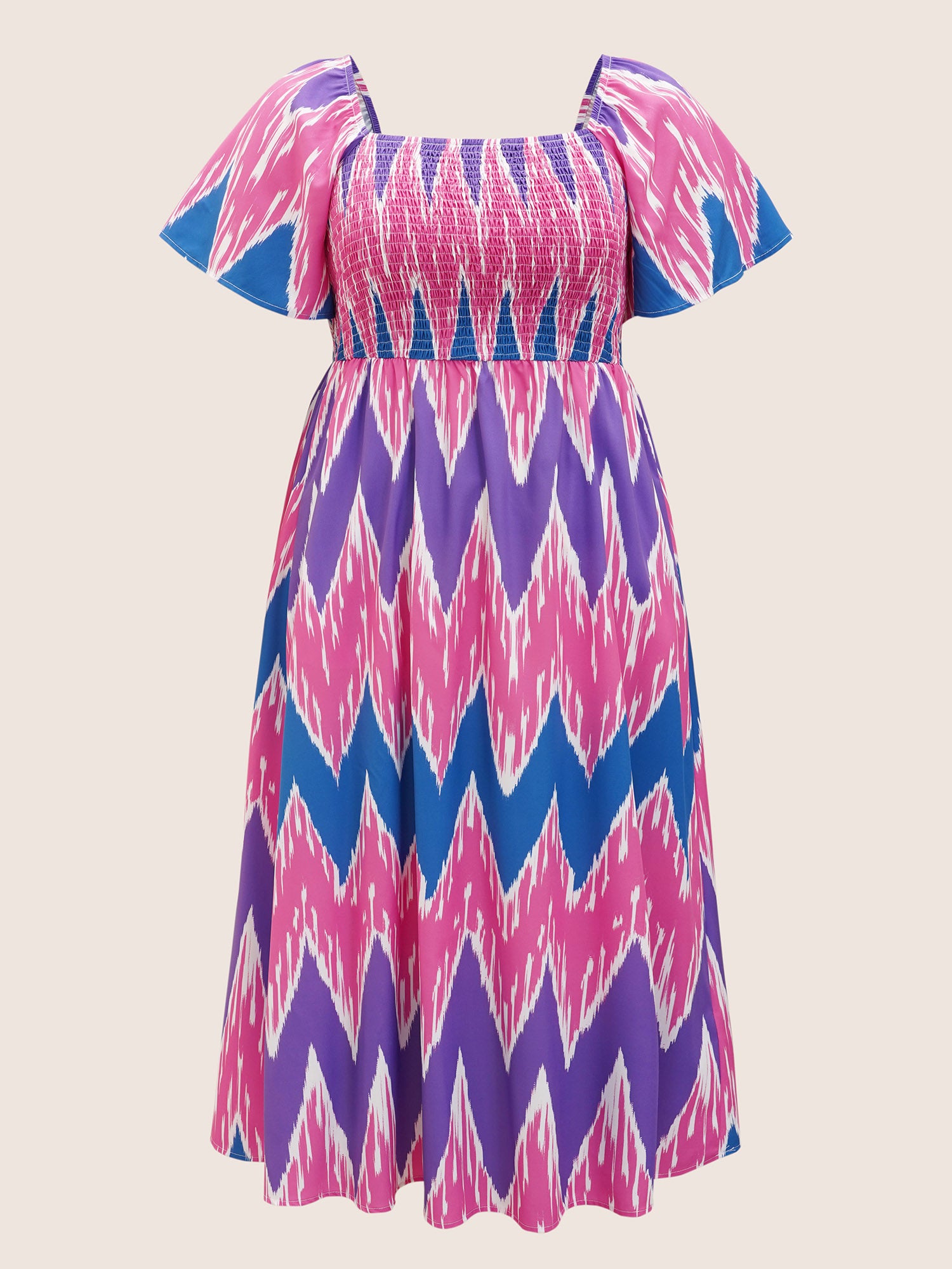 Geometric Contrast Shirred Flutter Sleeve Dress
