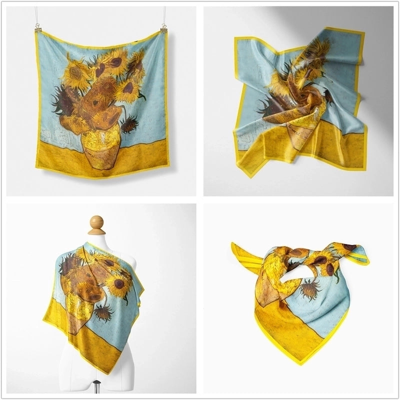 53cm New Oil Painting Series Sunflower Ladies Twill Decorative Small Square Scarf