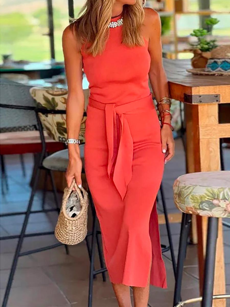 Halter Sleeveless Tie Waist Side Split Dress