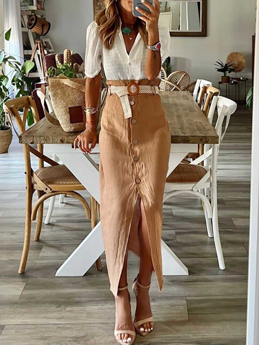 Cotton Linen Button Half Skirt