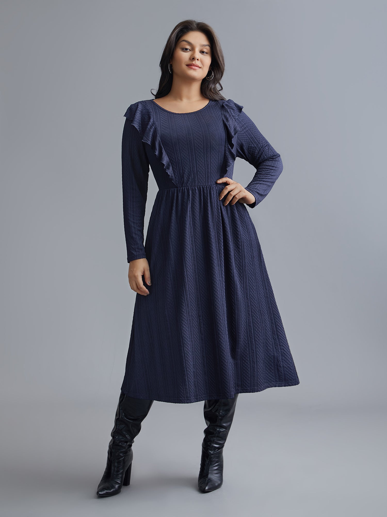 Plain Crew Neck Ruffle Trim Plisse Dress