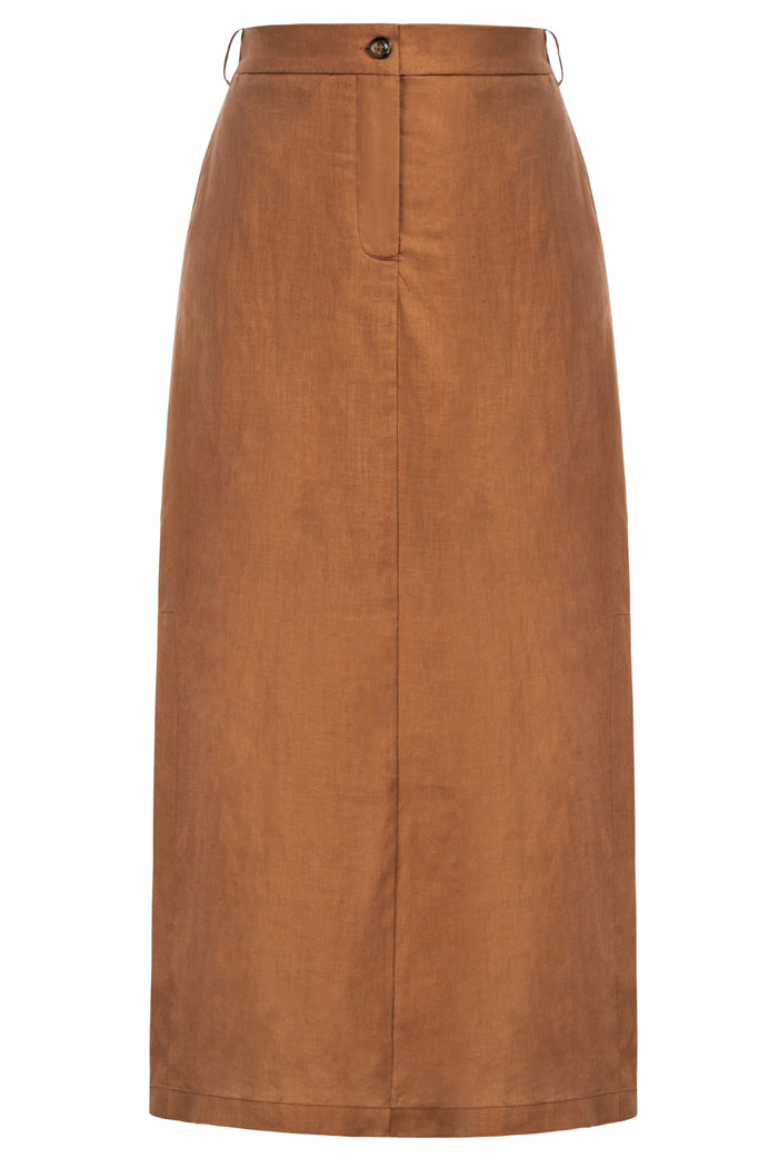 Linen Skirt Comfy Elastic High Waist Side Slit Straight Midi Skirt