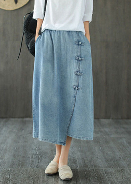 Denim Blue Elastic Waist Asymmetrical Oriental Button Cotton Skirt Summer