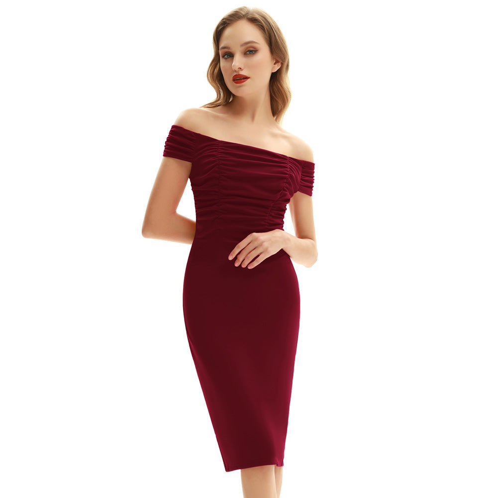 Ruched Bodycon Dress Off Shoulder Straight Neck Pencil Dress