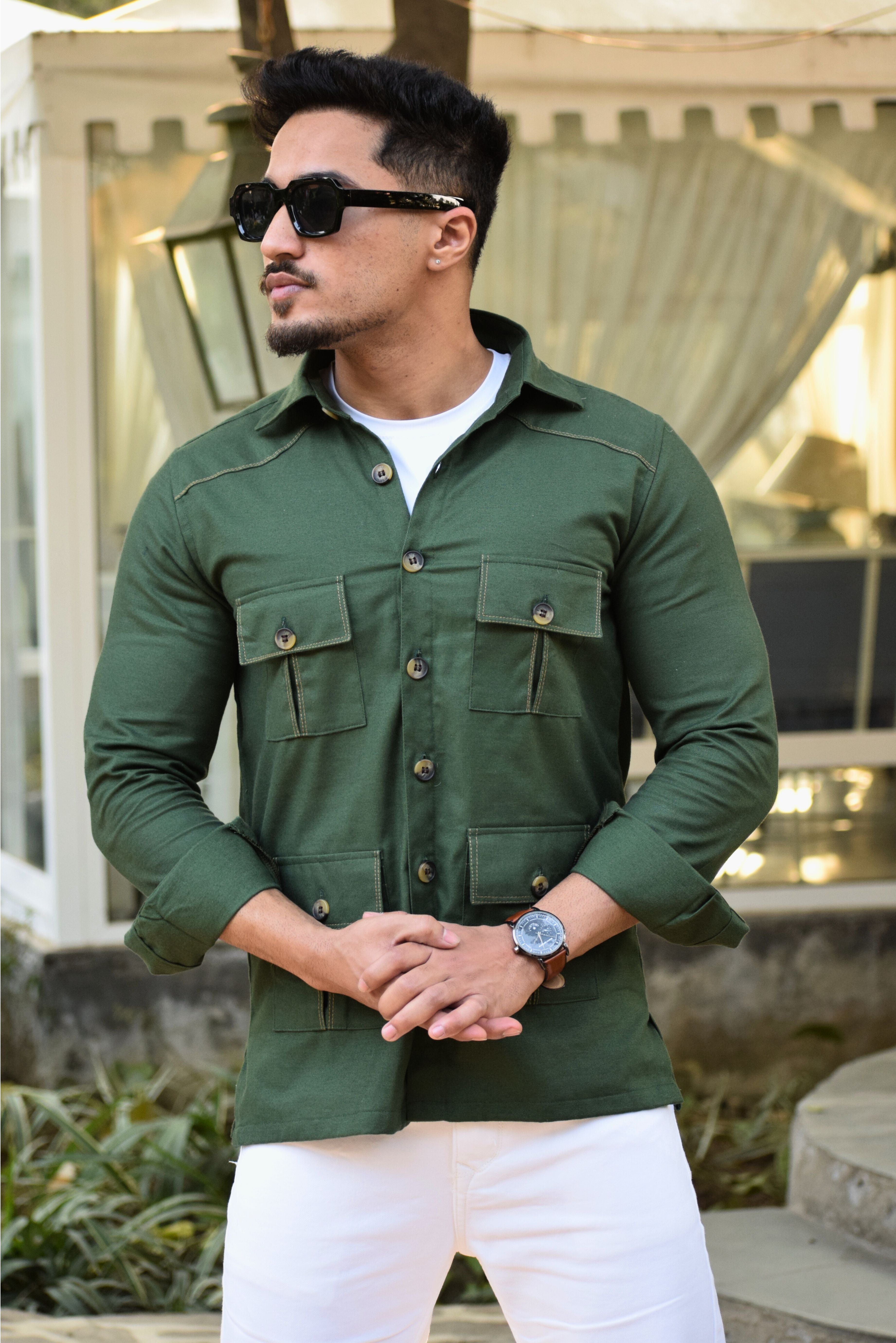 Hunter-Green Cotton Twill Hunting Style Shirt