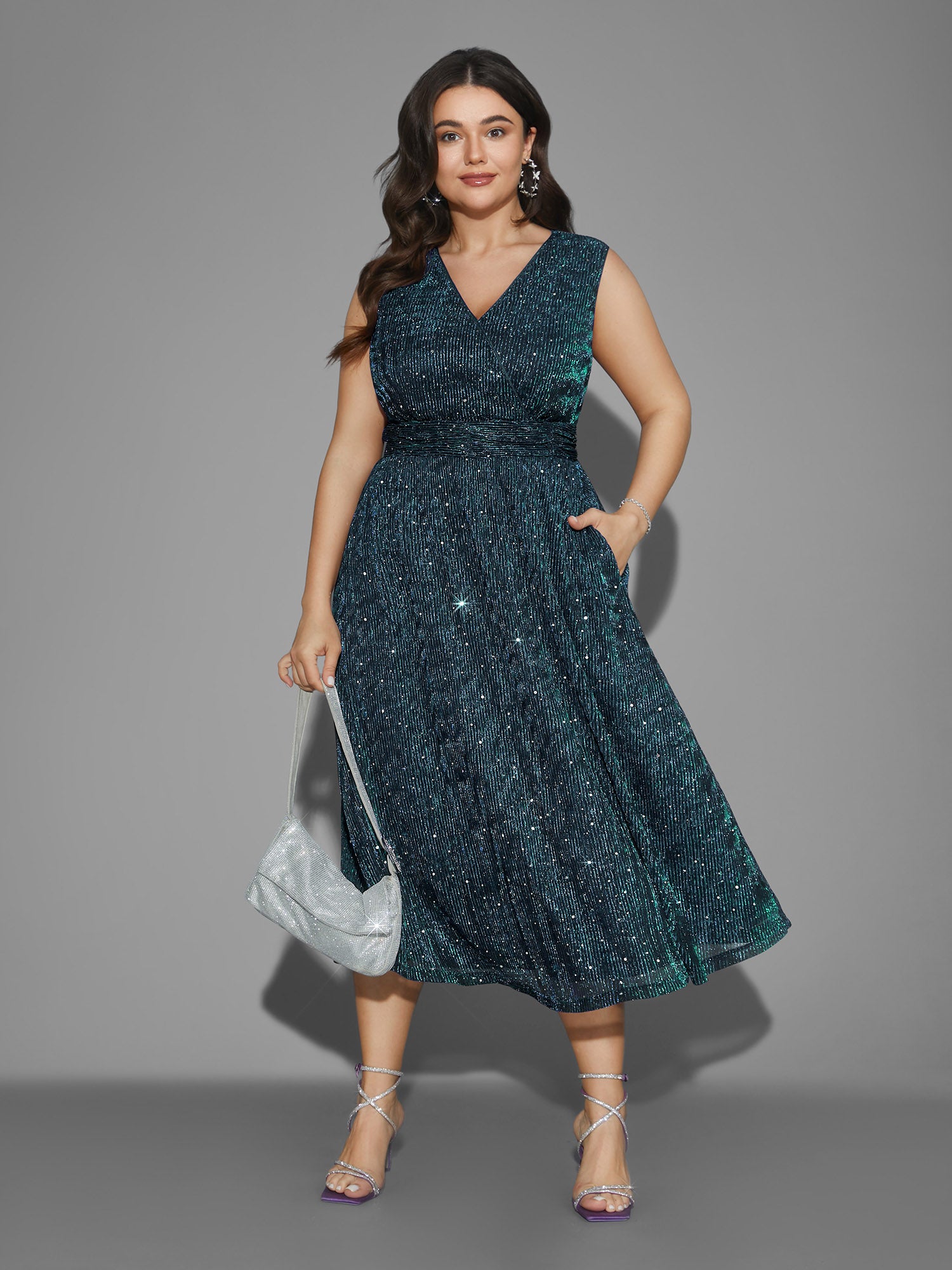 Sequin Surplice Neckline Sleeveless Midi Dress