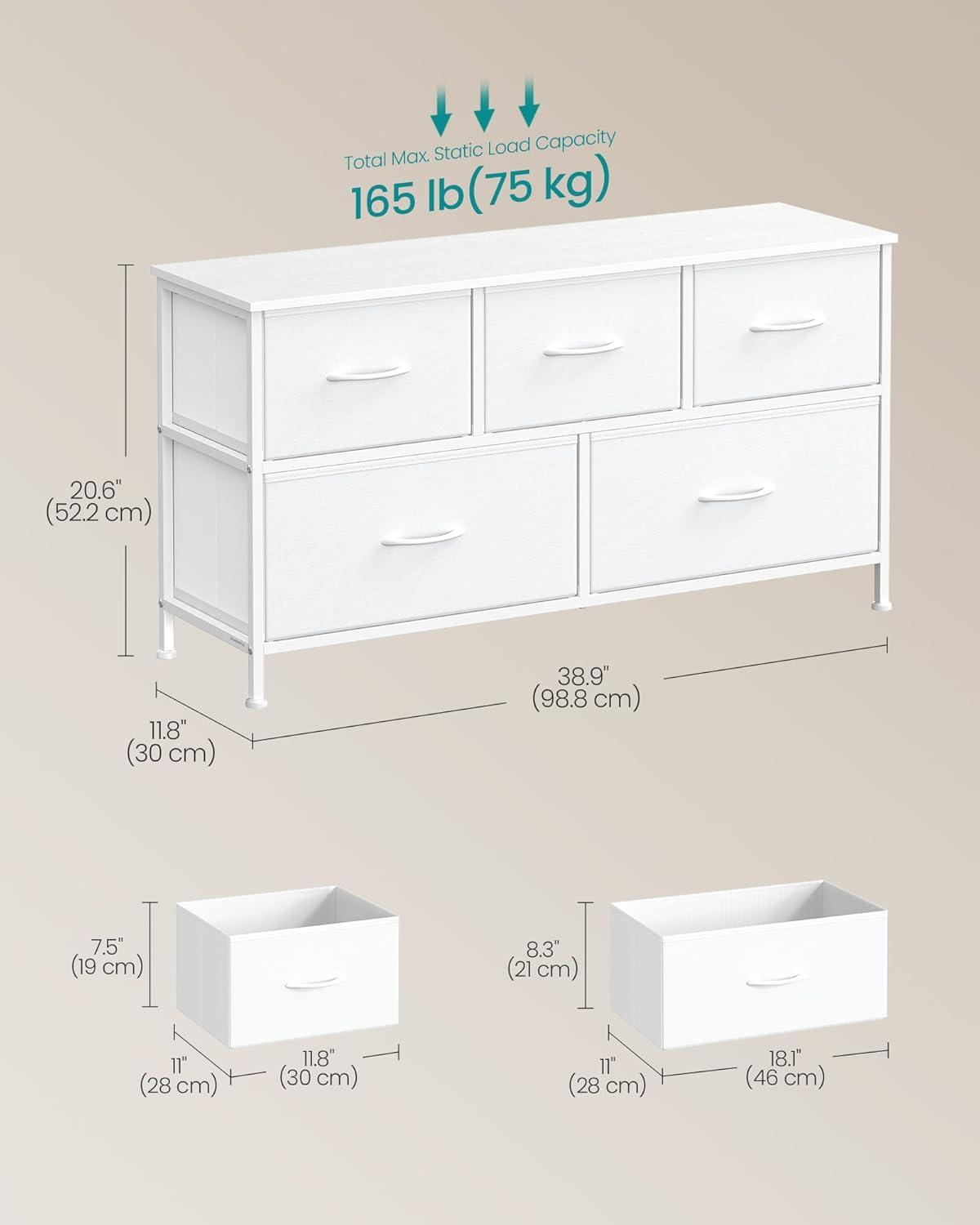 SONGMICS Dresser for Bedroom, Chest of Drawers, TV Stand, Steel, MDF, 5 Non-Woven Fabric Drawers, Storage Organizer Unit, Closet, Entryway, Cloud White and Snow White ULGS322W01S