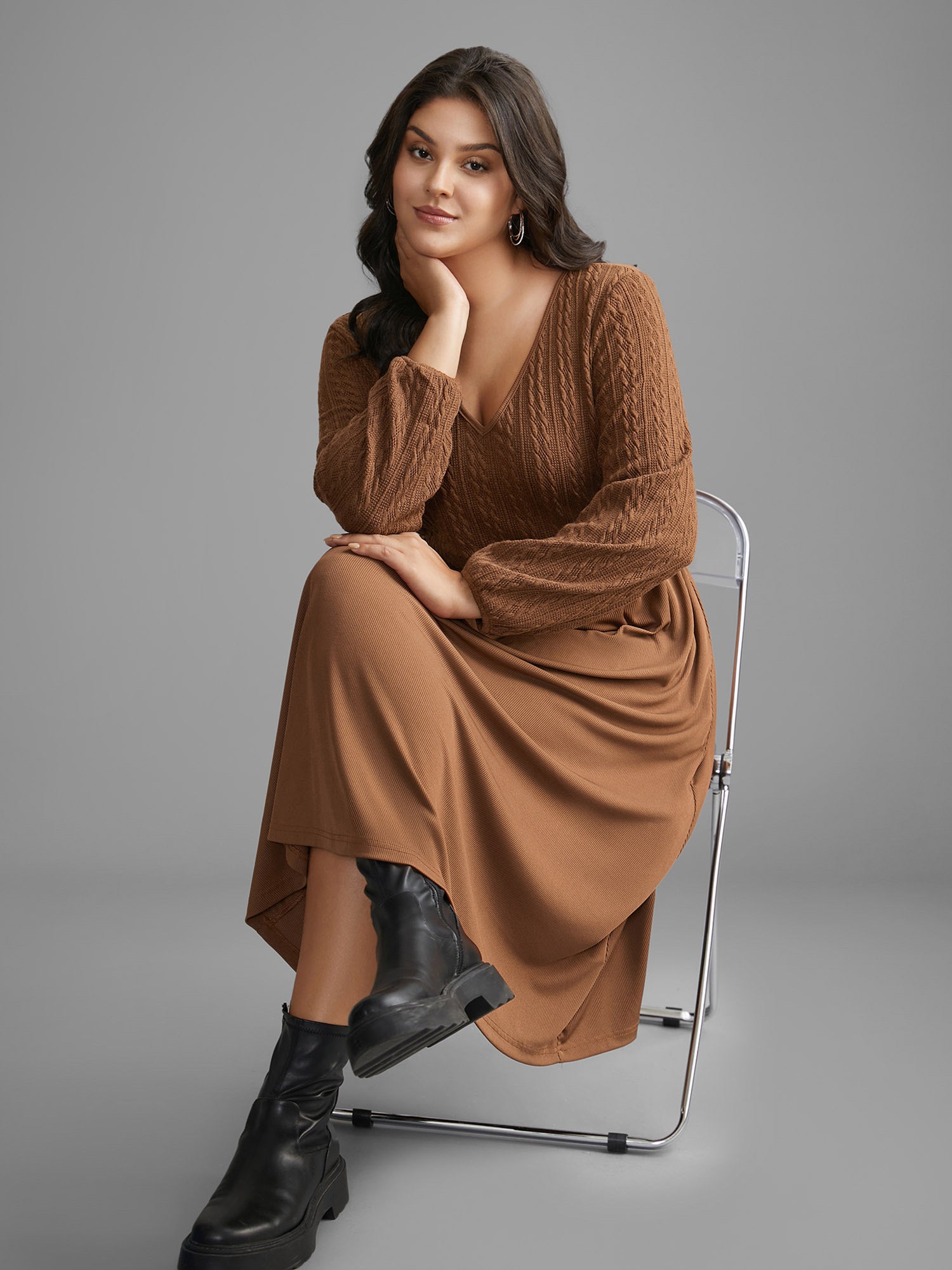 V Neck Textured Patchwork Knit Dress