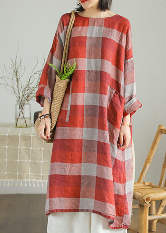 Red O-Neck Pockets Linen Fall Robe Dresses