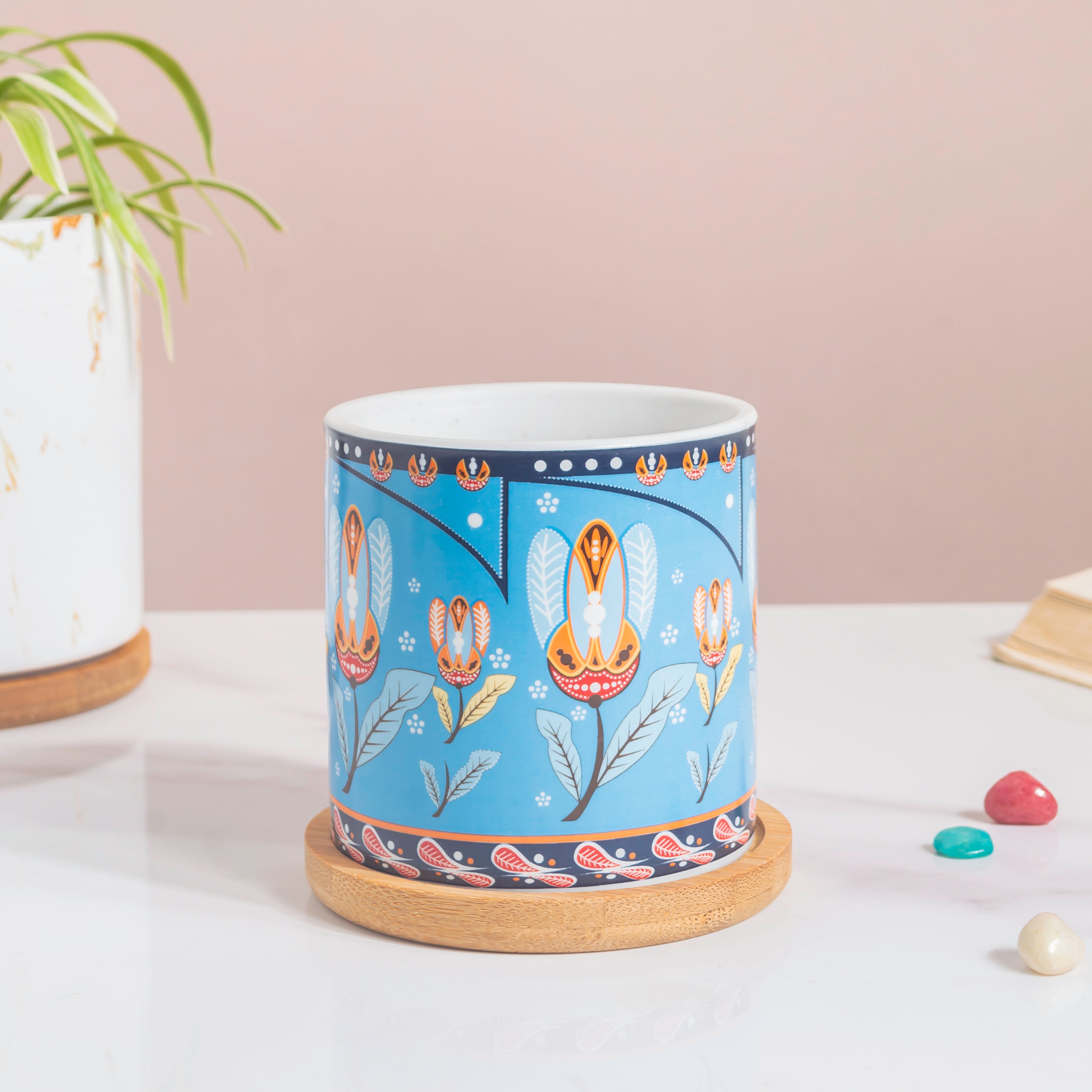 Cerulean Leaf Bloom Planter With Wooden Coaster