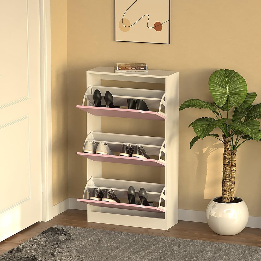 Wood Shoe Cabinet with 3 Doors, Shoe Cabinets, Retractable Handles, Double Depth, 63 x 24 x 115 cm