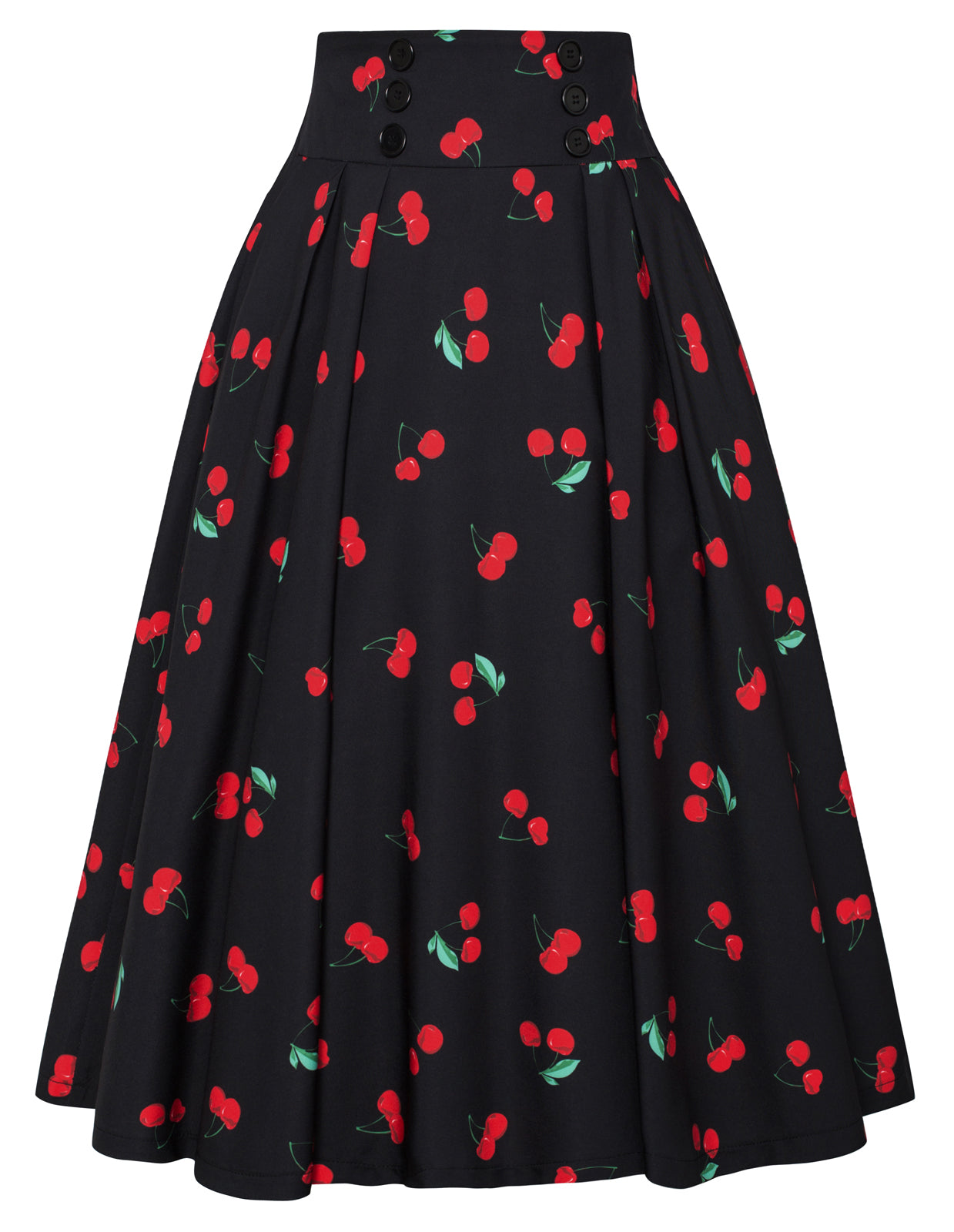 Cherry Patterns Pleated Buttons Decorated Elastic Waist High Waist Swing A-Line Skirt with Pockets