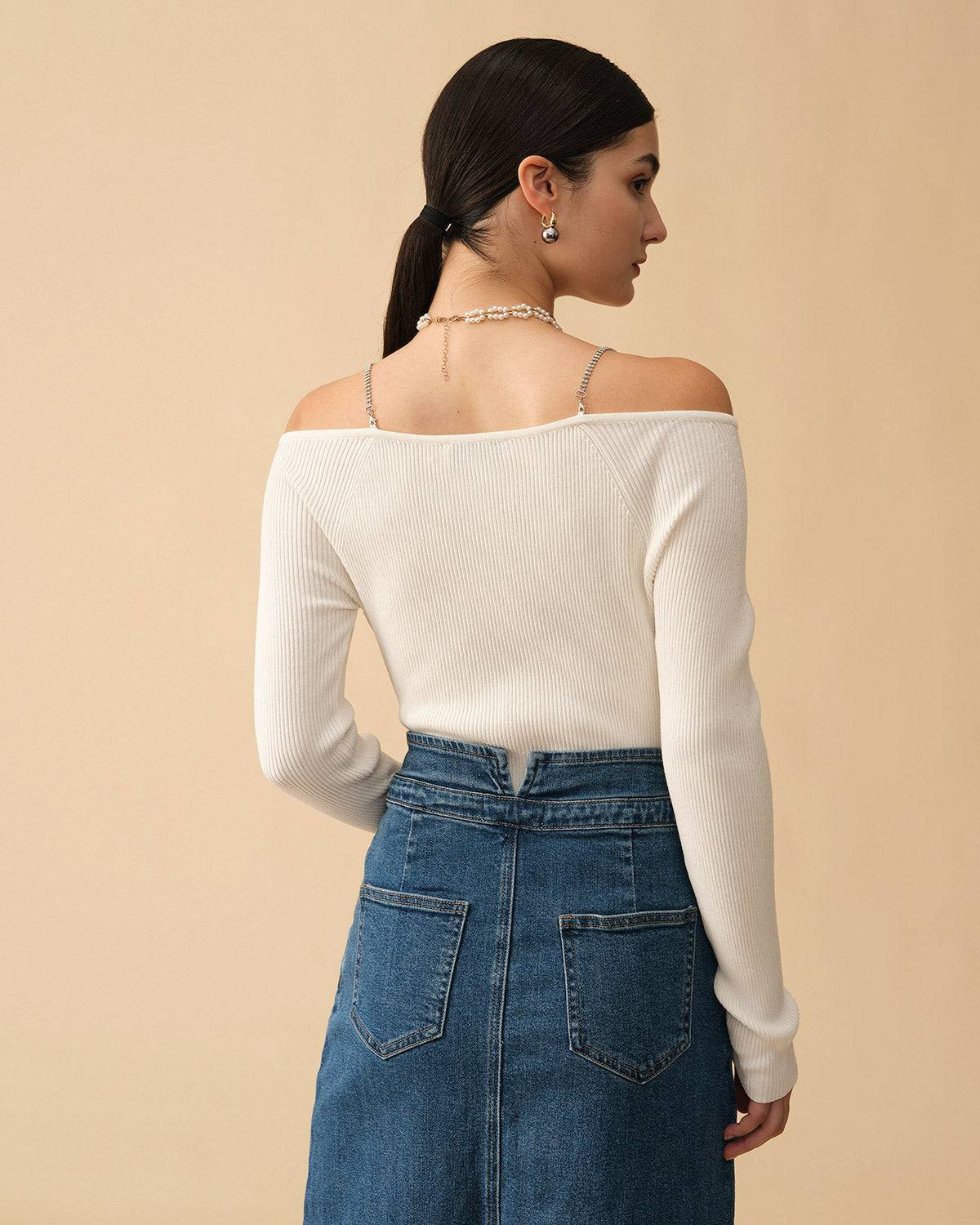 The Ribbed Chain Strap Long Sleeve Knit Top