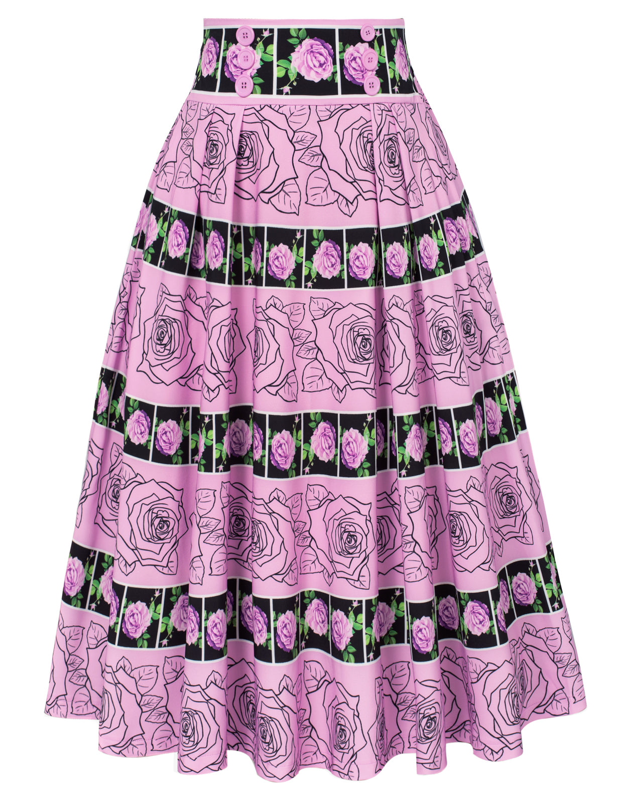 Buttons Decorated Elastic Waist High Waist Floral Printed Swing A-Line Skirt
