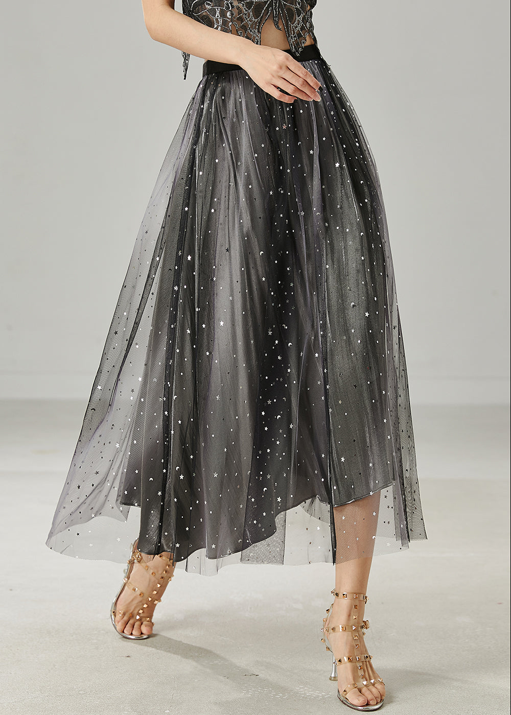 Organic Black Sequins Tulle Pleated Skirt Summer