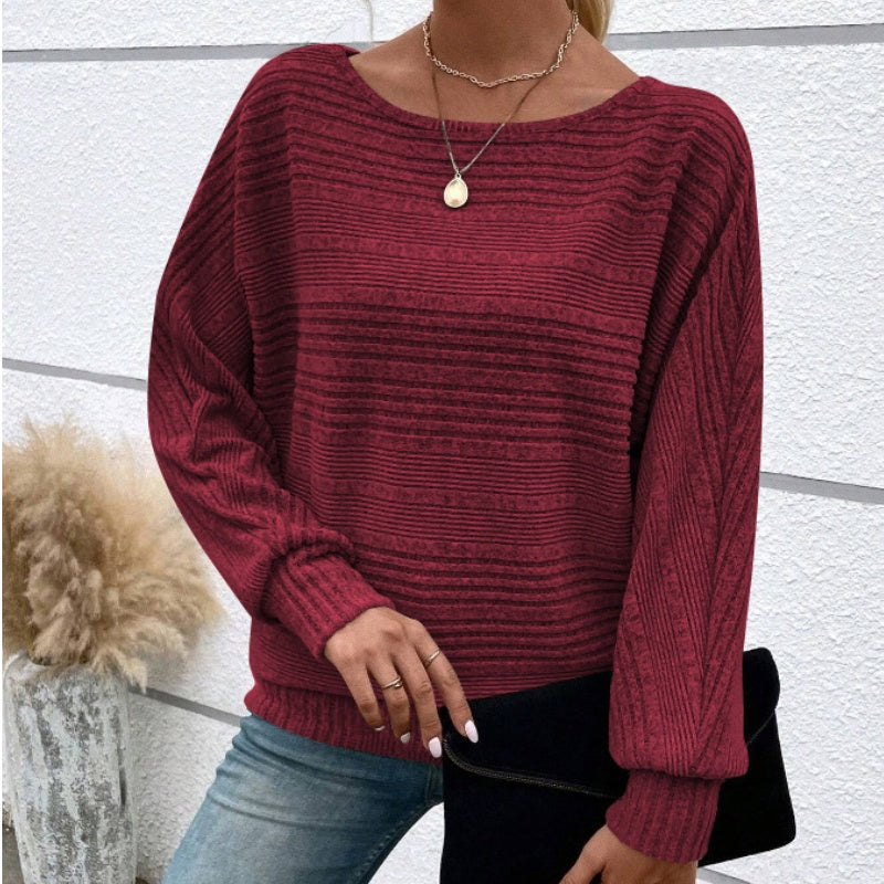 💜Solid Round-Neck Striped Top with Long Sleeves