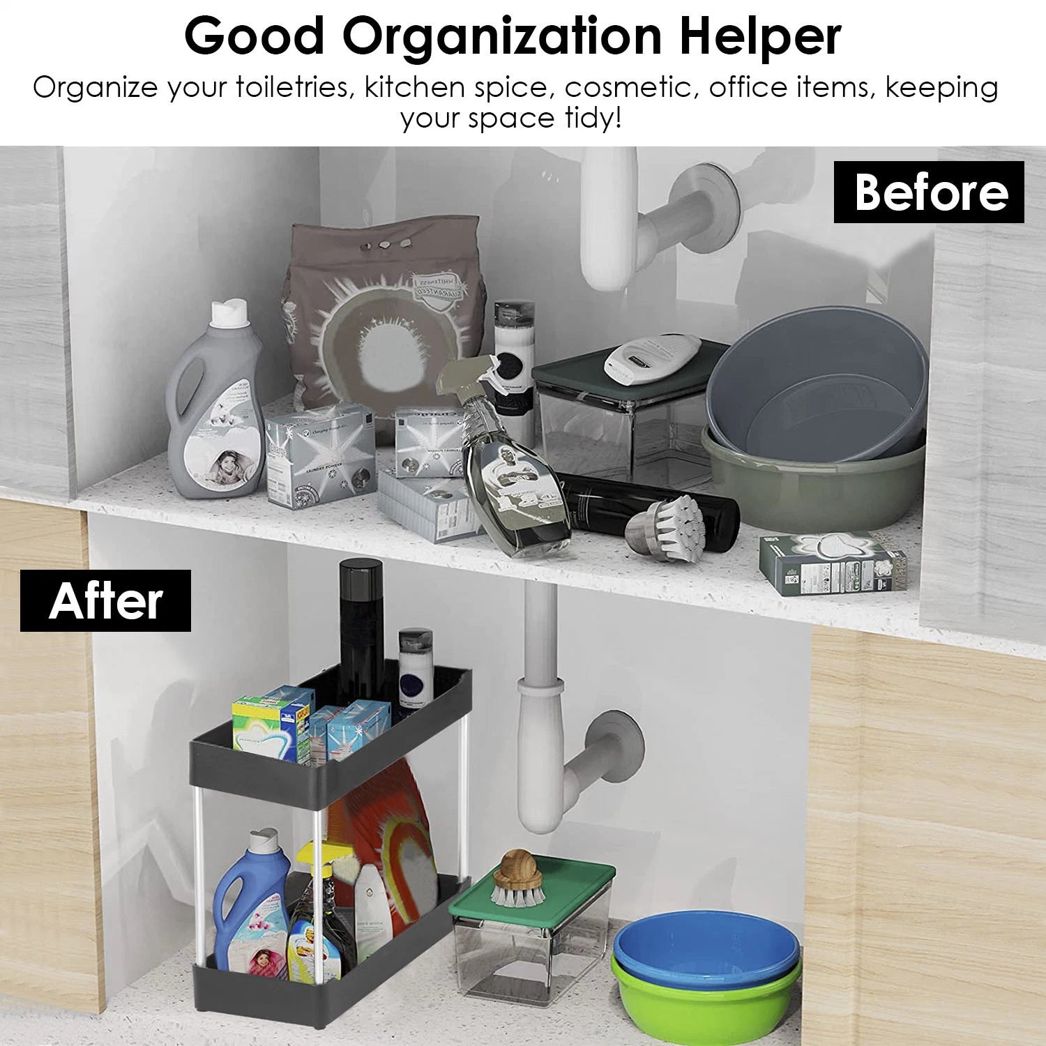 2-Tier Under Sink Shelf Organizer Space Saving Bathroom Sink Storage Rack With 4 Hooks