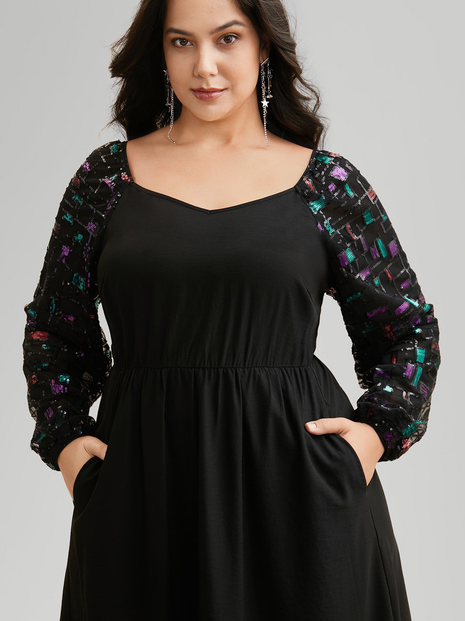 Heart Neckline Sequin Mesh Patchwork Dress