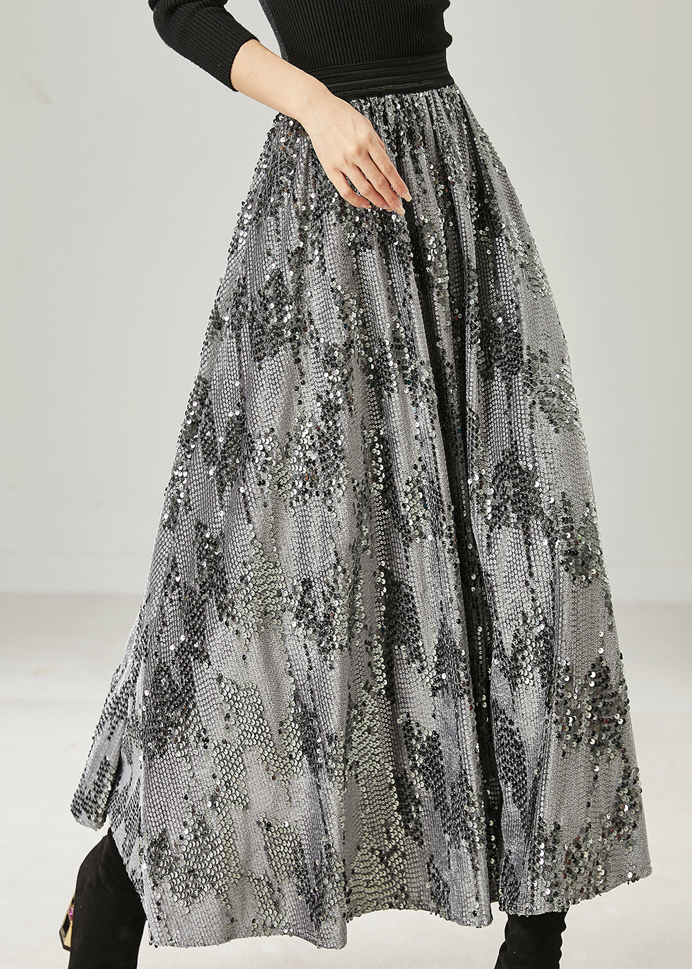 Grey Sequins Exra Large Hem Skirt Summer