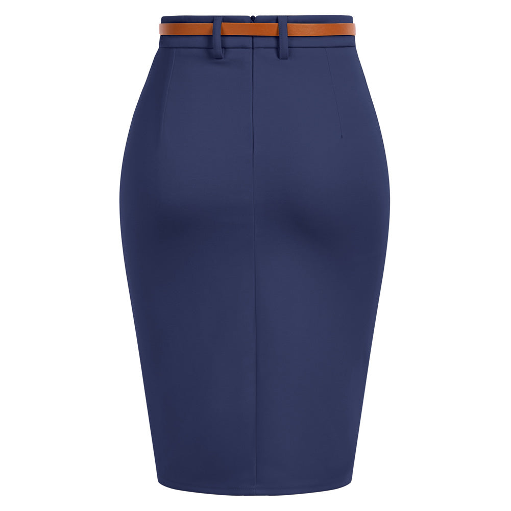 Vintage High Waist Front Slit Knee Length Ruched Pencil Skirt with Belt