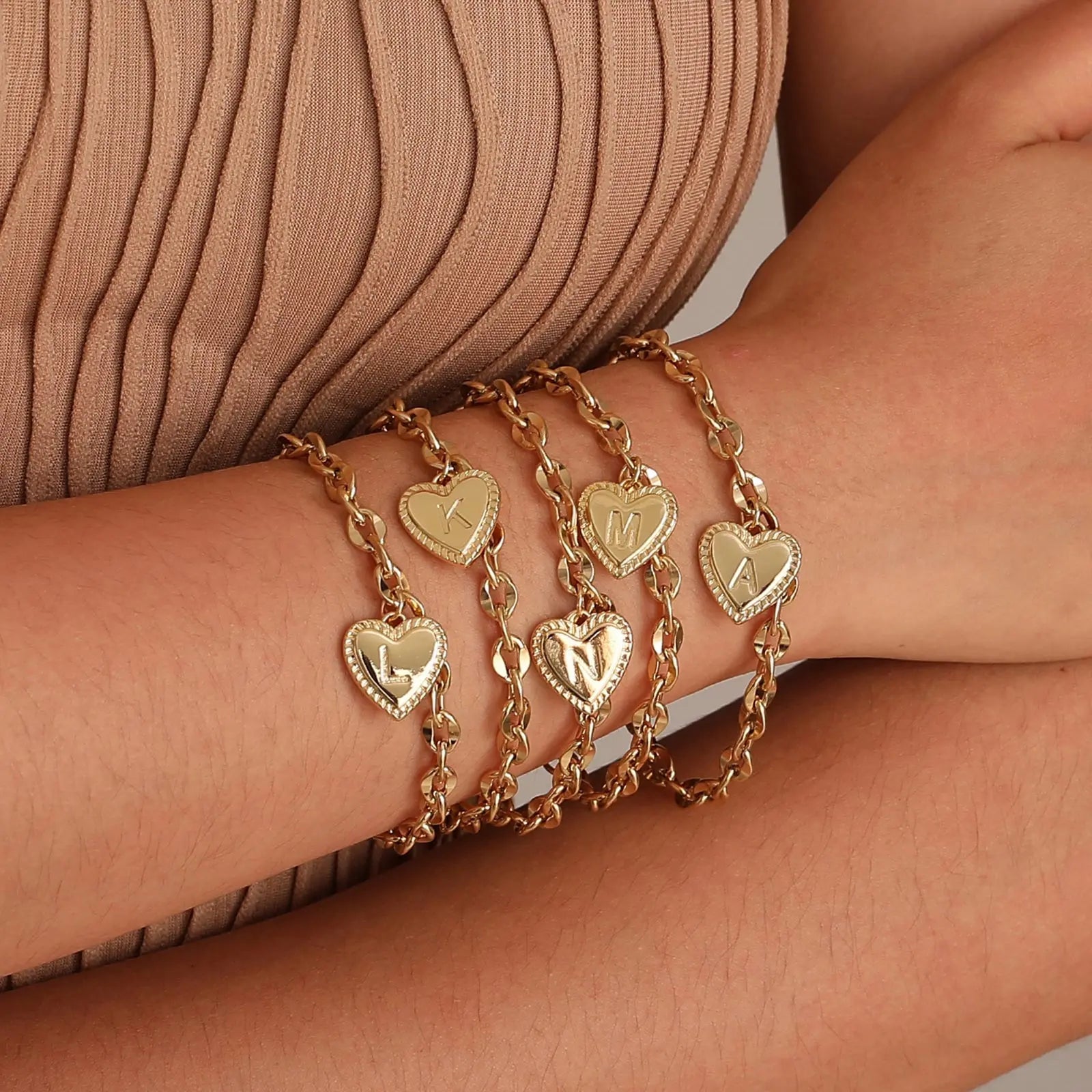 14k Dainty Heart Engraved Letter Initial Bracelet