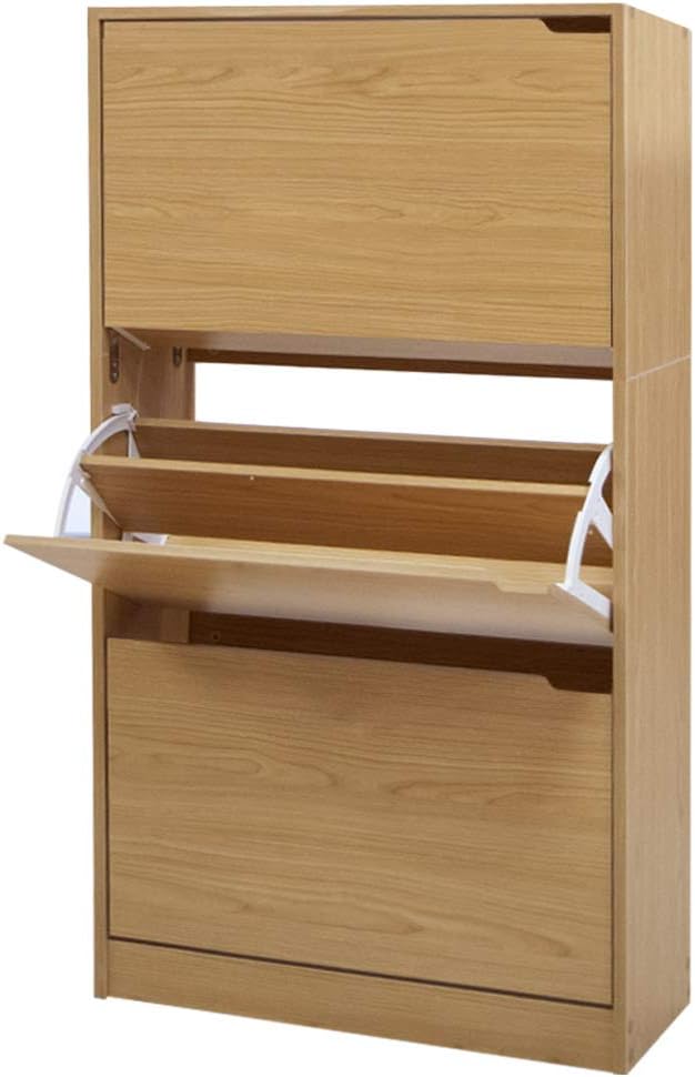 Wood Shoe Cabinet with 3 Doors, Shoe Cabinets, Retractable Handles, Double Depth, 63 x 24 x 115 cm
