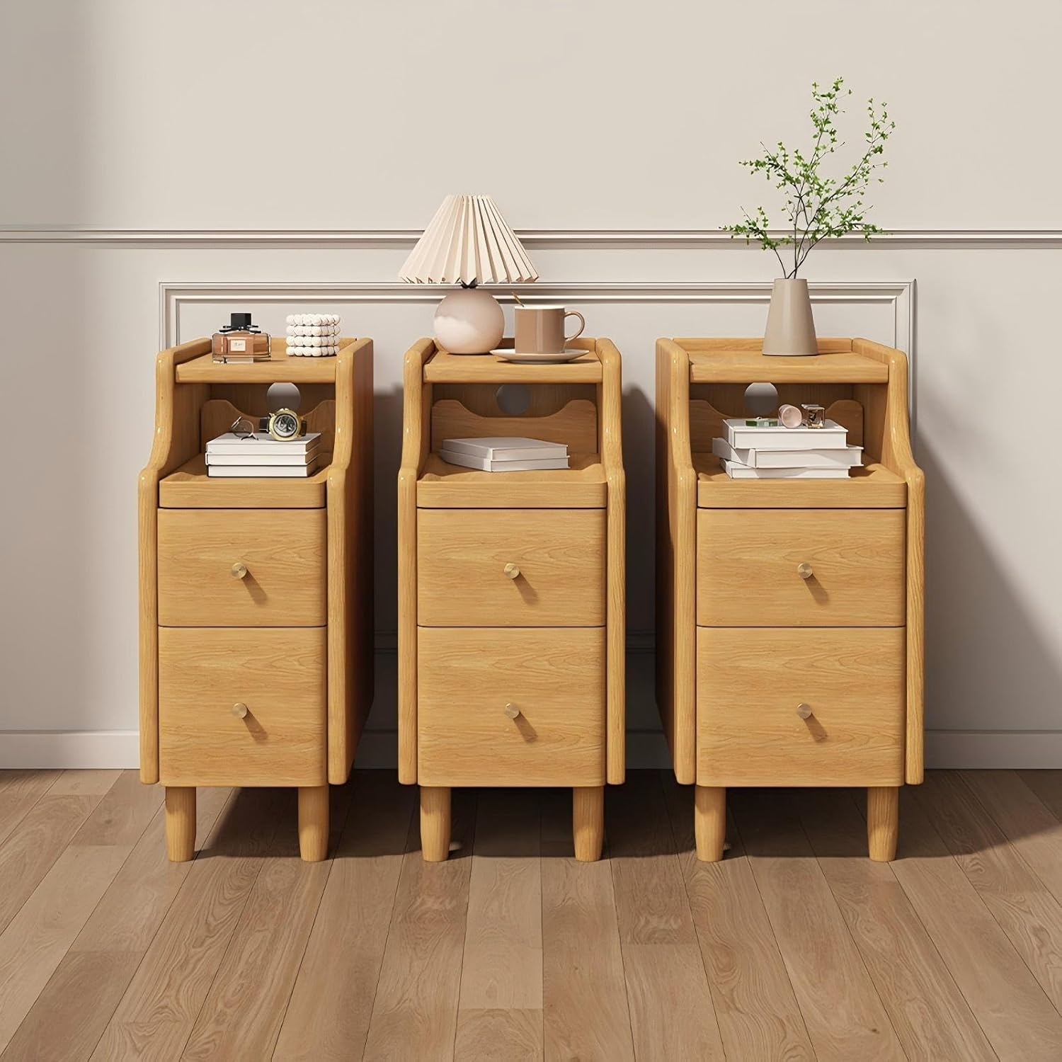 Small Nightstand Wooden Narrow Side Table，Narrow Bed End Table with 2 Drawers