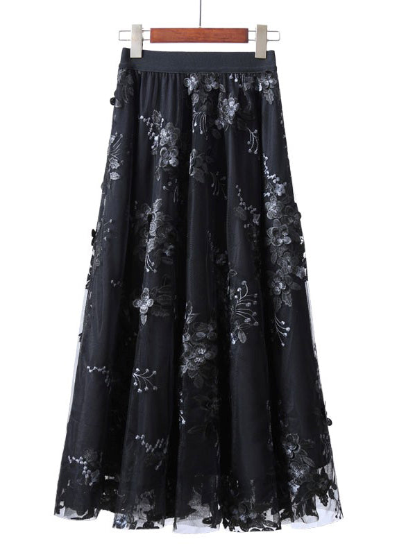 Unique Chocolate Embroidered Floral High Waist Tulle Skirt Summer