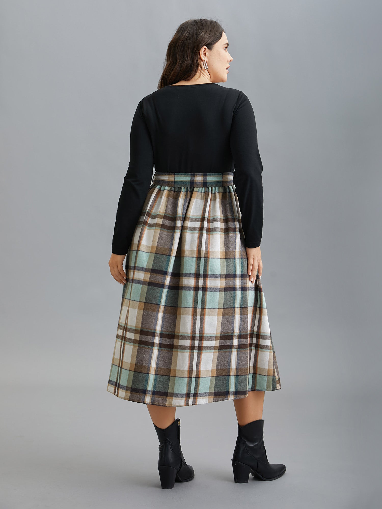 Plaid Patchwork Elastic Waist Belted Dress