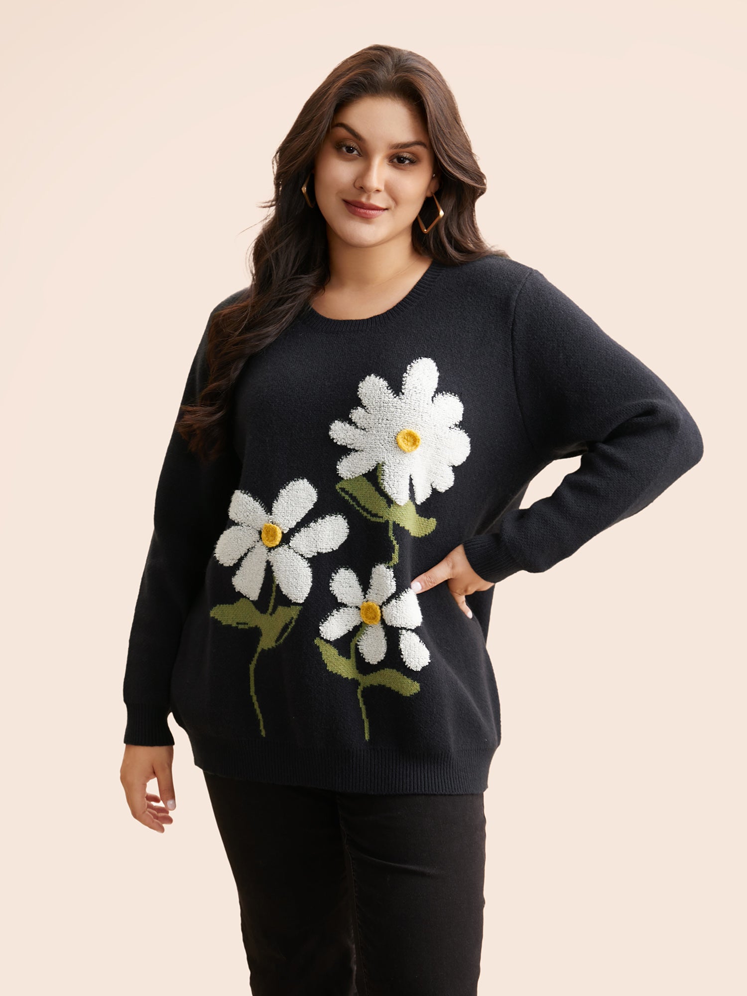 Round Neck Floral Contrast Texture Pullover