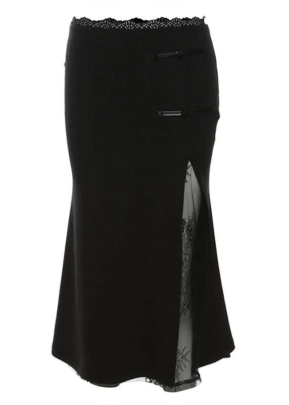 New Chinese Style Black Lace Patchwork Slit Skirt Summer