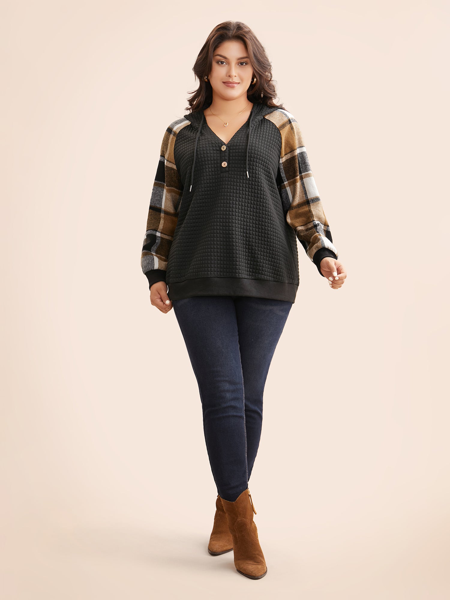 Plaid Patchwork Hooded Raglan Sleeve Sweatshirt