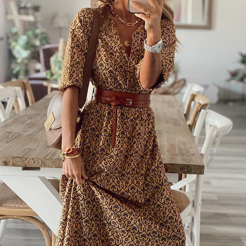 Bohemian Print Short-Sleeved V-Neck Dress