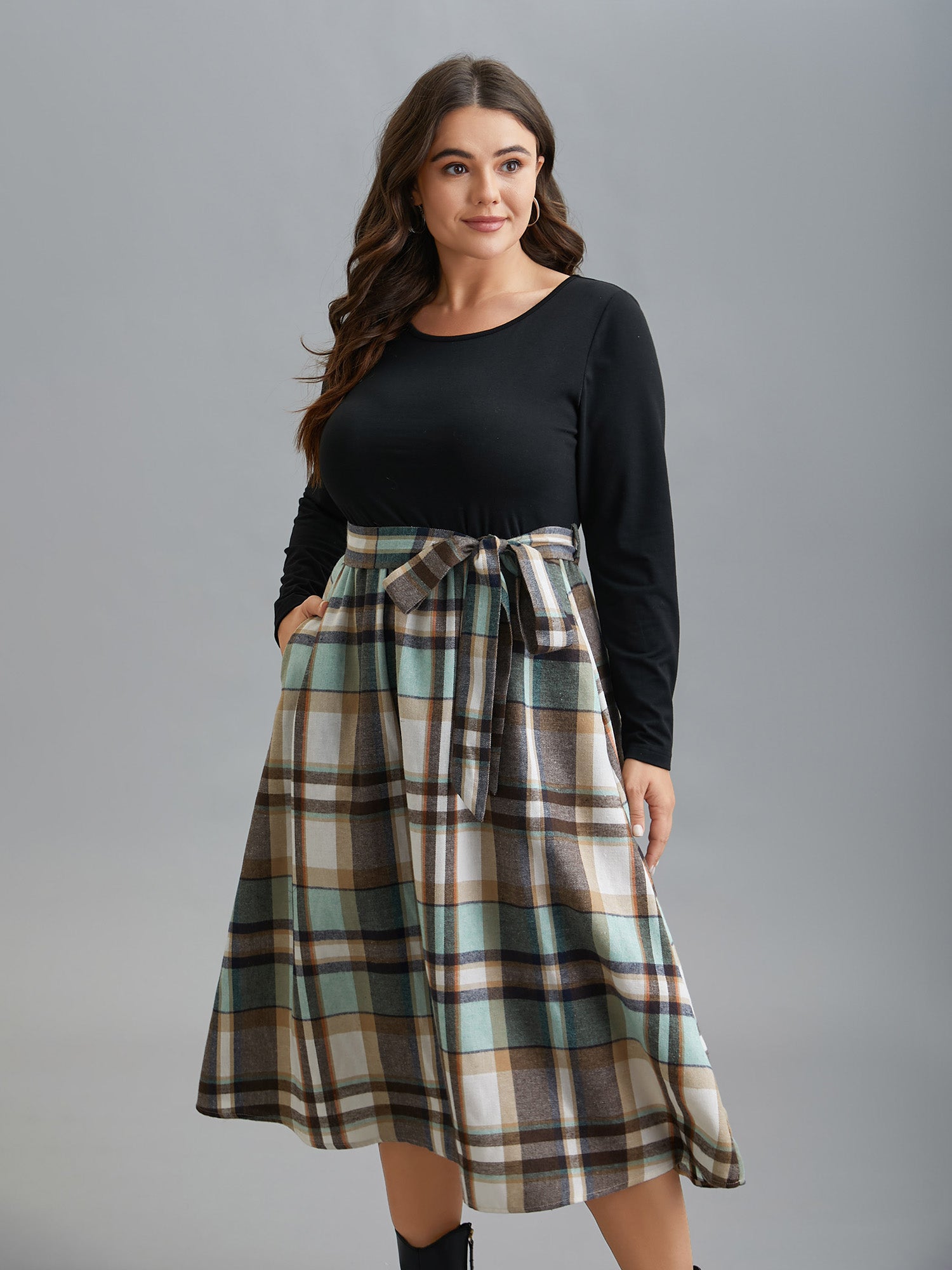 Plaid Patchwork Elastic Waist Belted Dress