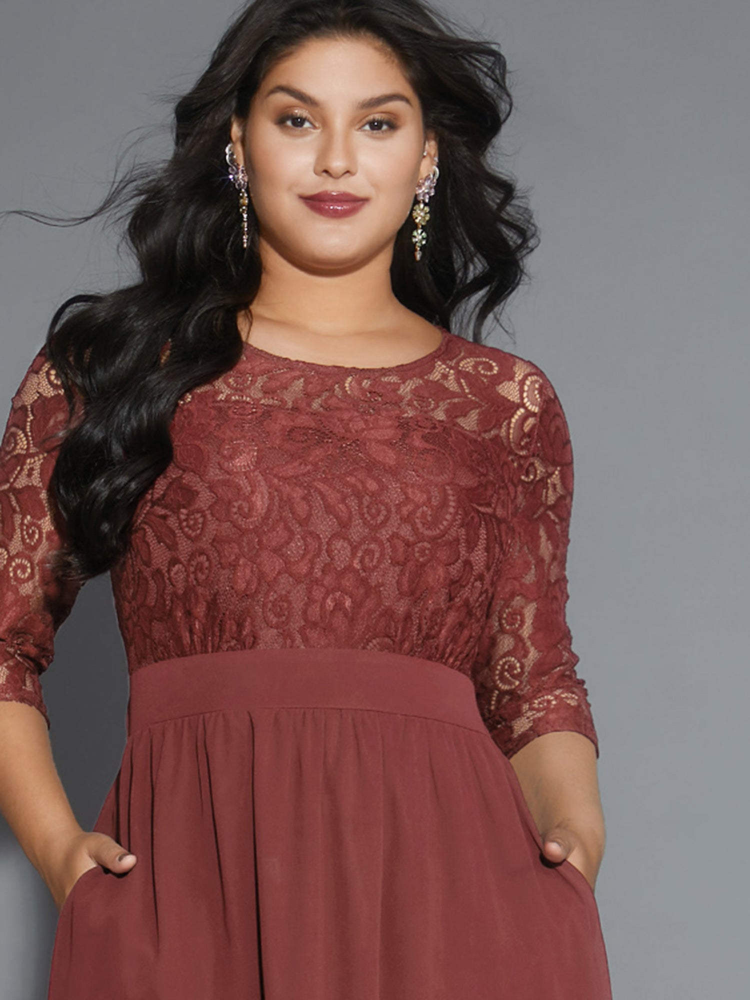 Lace Patchwork Shirred Midi Pocket Dress