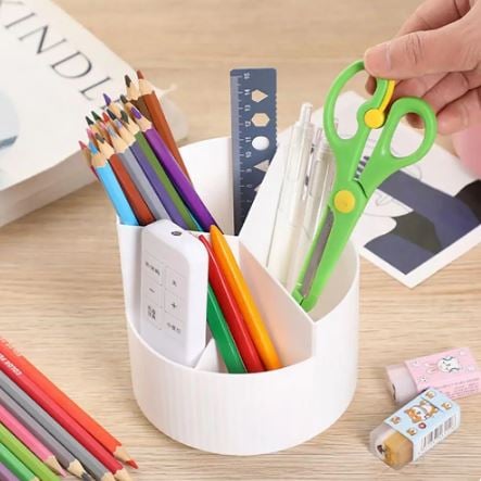 Rotating Pen Holder With Multiple Compartments. Office Home School Storage Box (White)