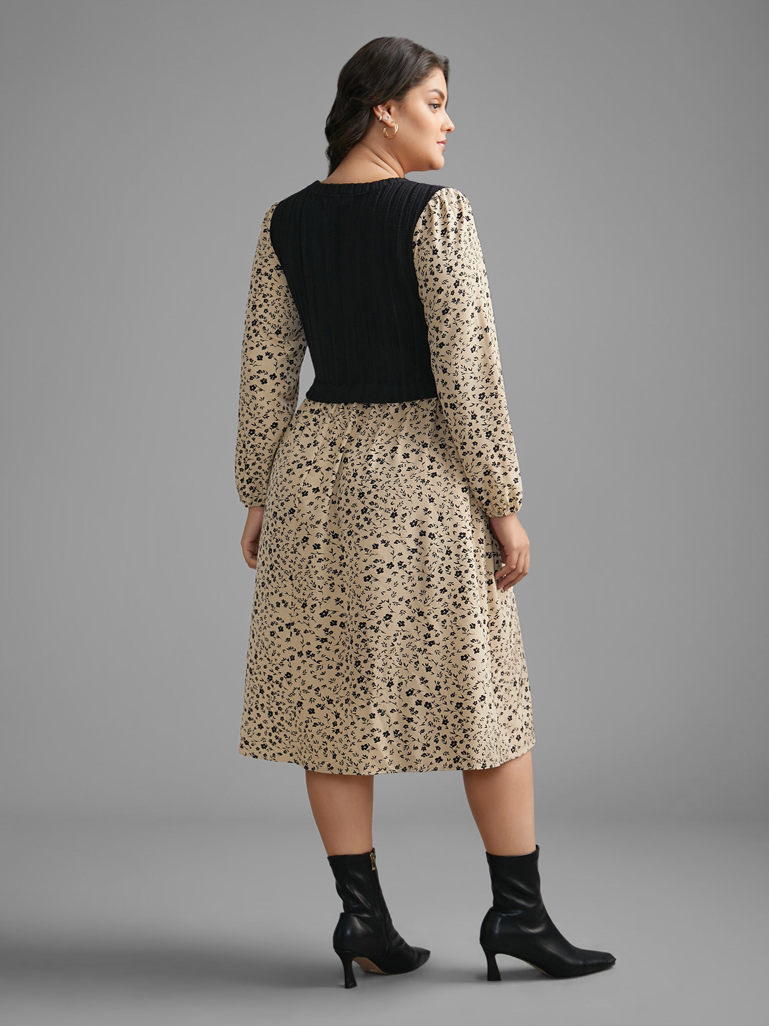 Ditsy Floral Texture Patchwork Midi Dress